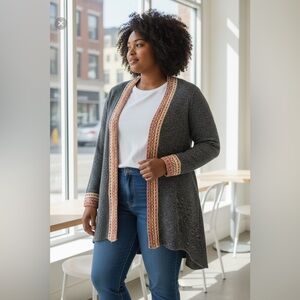 Simply Couture Women Small Gray Multi Long Cardigan Tribal Boho Hippie Peasant